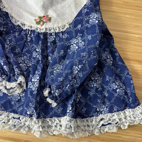 Vintage Mini World Girls Dress Size 3 Floral Lace Peter Pan Collar Blue USA Made - Picture 7 of 11